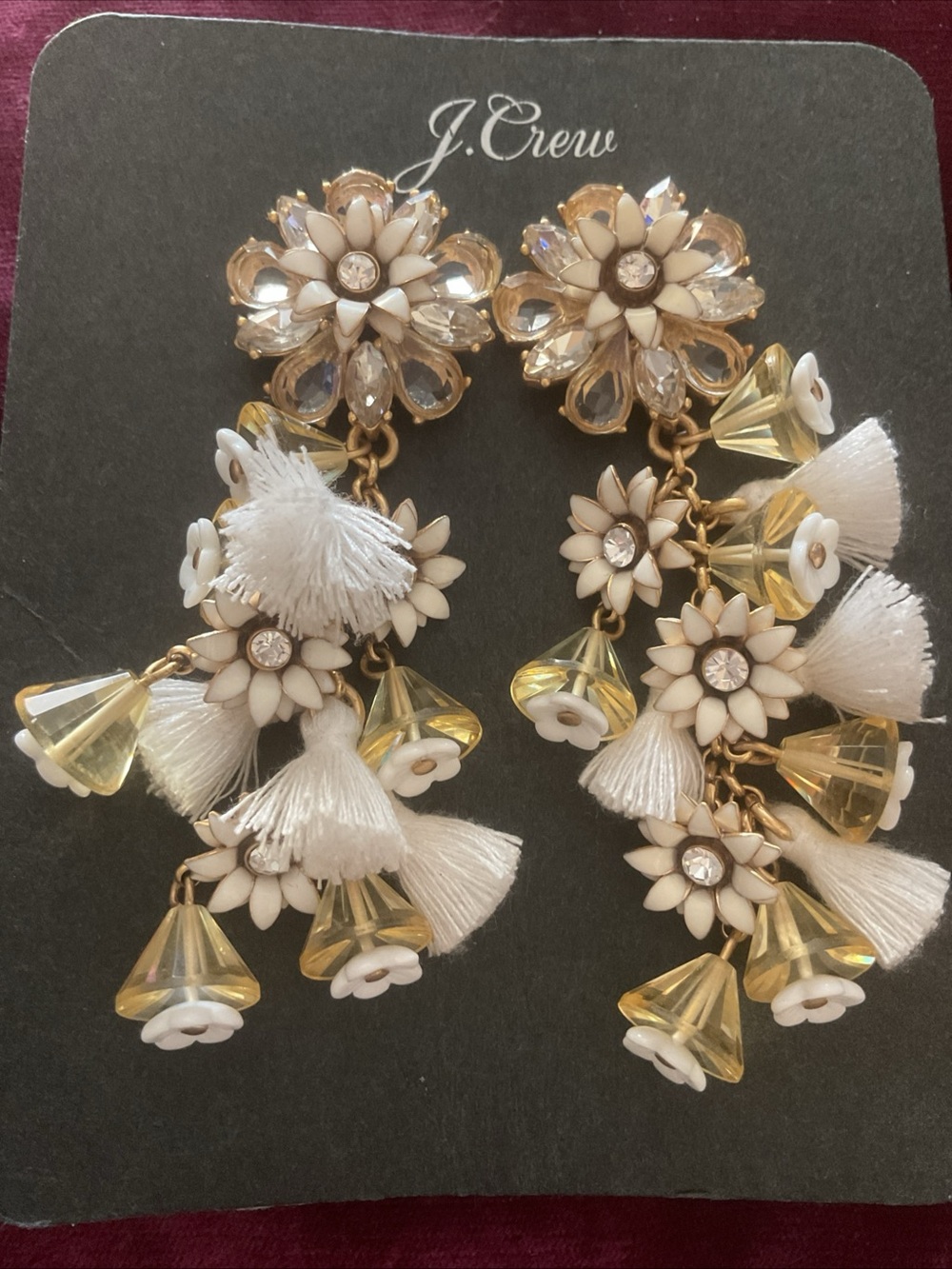 J. Crew White and Gold Floral Tassel Drop Earrings with Yellow Accents